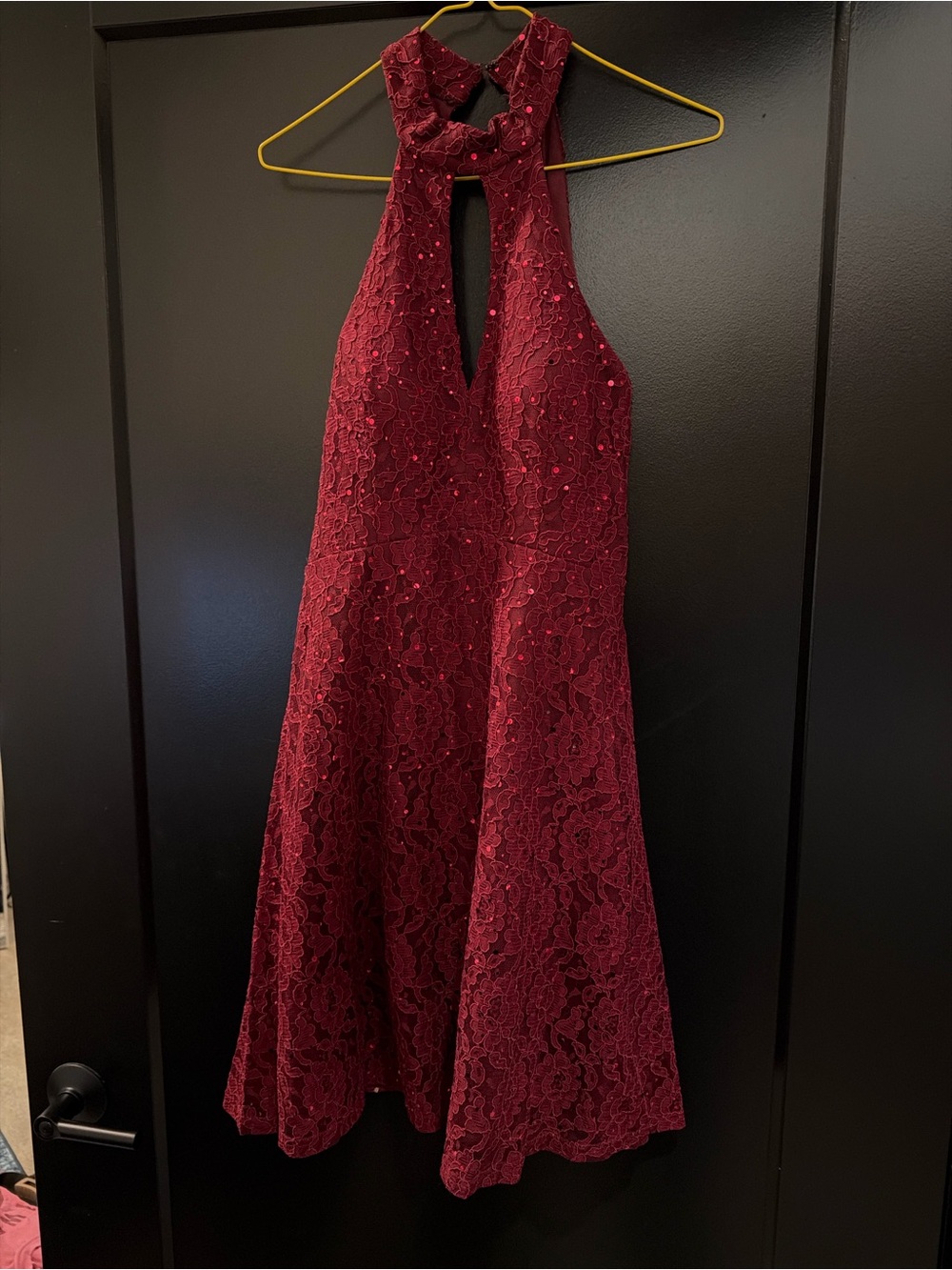 City Triangles Burgundy Lace Halter A-Line Prom Dress